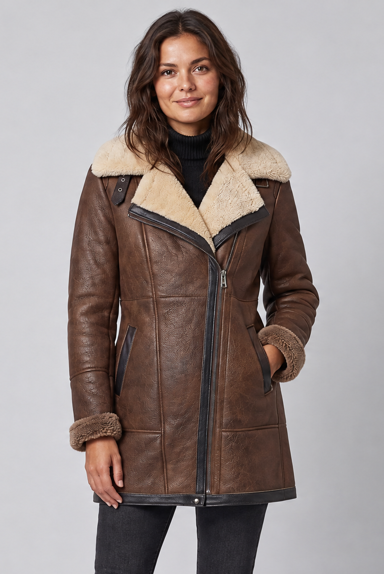 Woman wearing the Voxelvu aviator coat in a grey studio