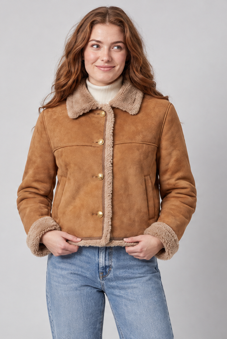 Woman wearing the Voxelvu cropped jacket in a grey studio